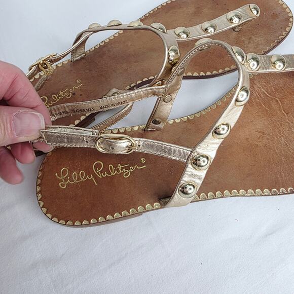 Lilly Pulitzer Gold Leather Studded Open Toe Summer Thong Strappy Sandals Size 9 - Picture 3 of 10